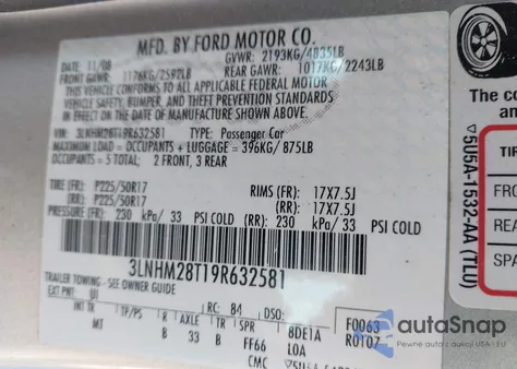 2009 Lincoln Mkz z USA, uszkodzony, nr VIN 3LNHM28T19R632581